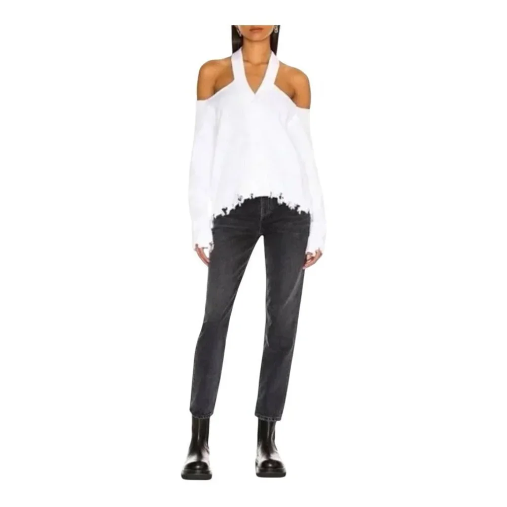 525 America Cut Out Cardigan Sweater Medium Bleach White Distressed Look NWT